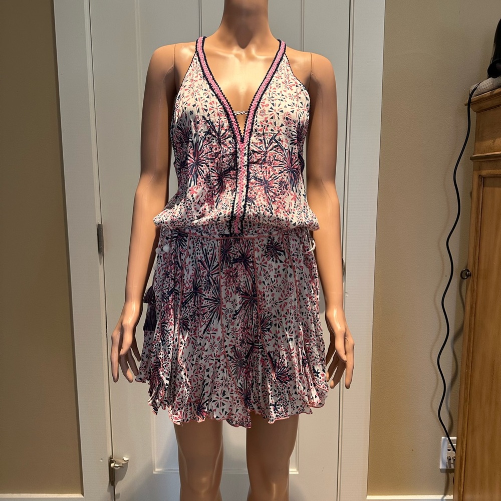 Poupette St. Barth Pink and Blue Pleated Mini Sundress
